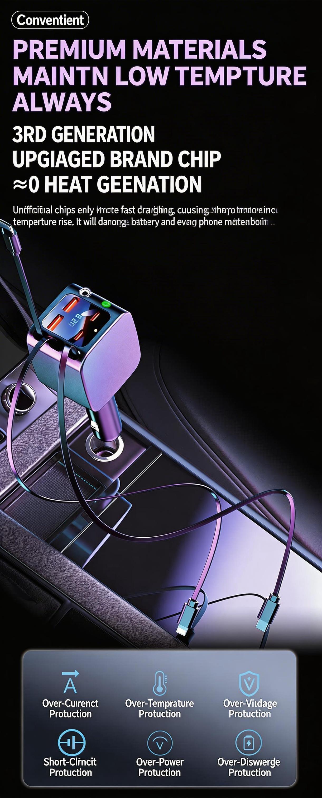 7-in-1 Ultimate Car Charger! Level up yourdrive with 60W Starlight projection, retractablecables for zero mess, and 3.1A fast charging.Real-time voltage monitoring keeps your ridesafe. Must-have car gadget for 2026