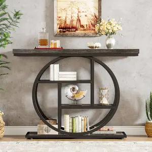 Tribesigns 41.3" Industrial 4-Tier Console Table with Circle Base, Narrow Wood Accent Tables, and Storage Shelves for Living Room, Hallway, Foyer