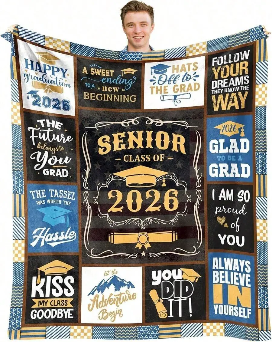 2026 Graduation Fluffy All-Season Throw Blanket - High School/College Gift for Men, Class of 2026 Decorations, Fluffy Blankets, All Season Blankets