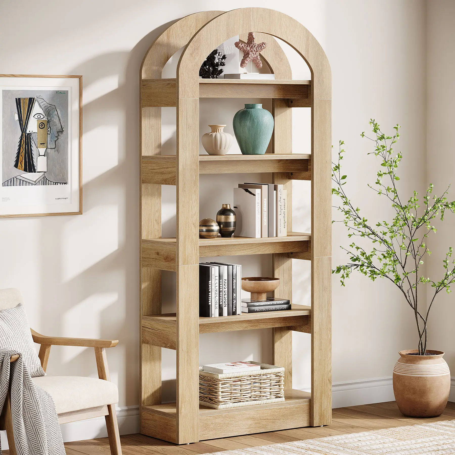 Tribesigns 5-Tier Bookshelf, Arch-Shaped Racks, Tall Standing Wooden Bookcase Display Shelf Modern Storage Solution Furniture Organizer