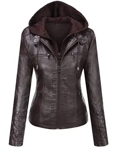 Women's Removable Hood Slim Fit Biker Real Leather Jacket