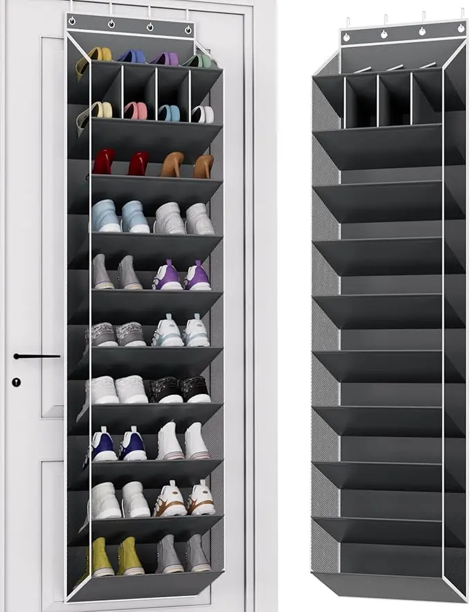 TAHAVICE Over the Door Shoe Rack Organizer - 10-Tier Hangable Large Rectangle Closet Storage Organization, Adjustable 20-Pair Hanging Deep Pocket Organizer for Sneakers, Boots (Grey)