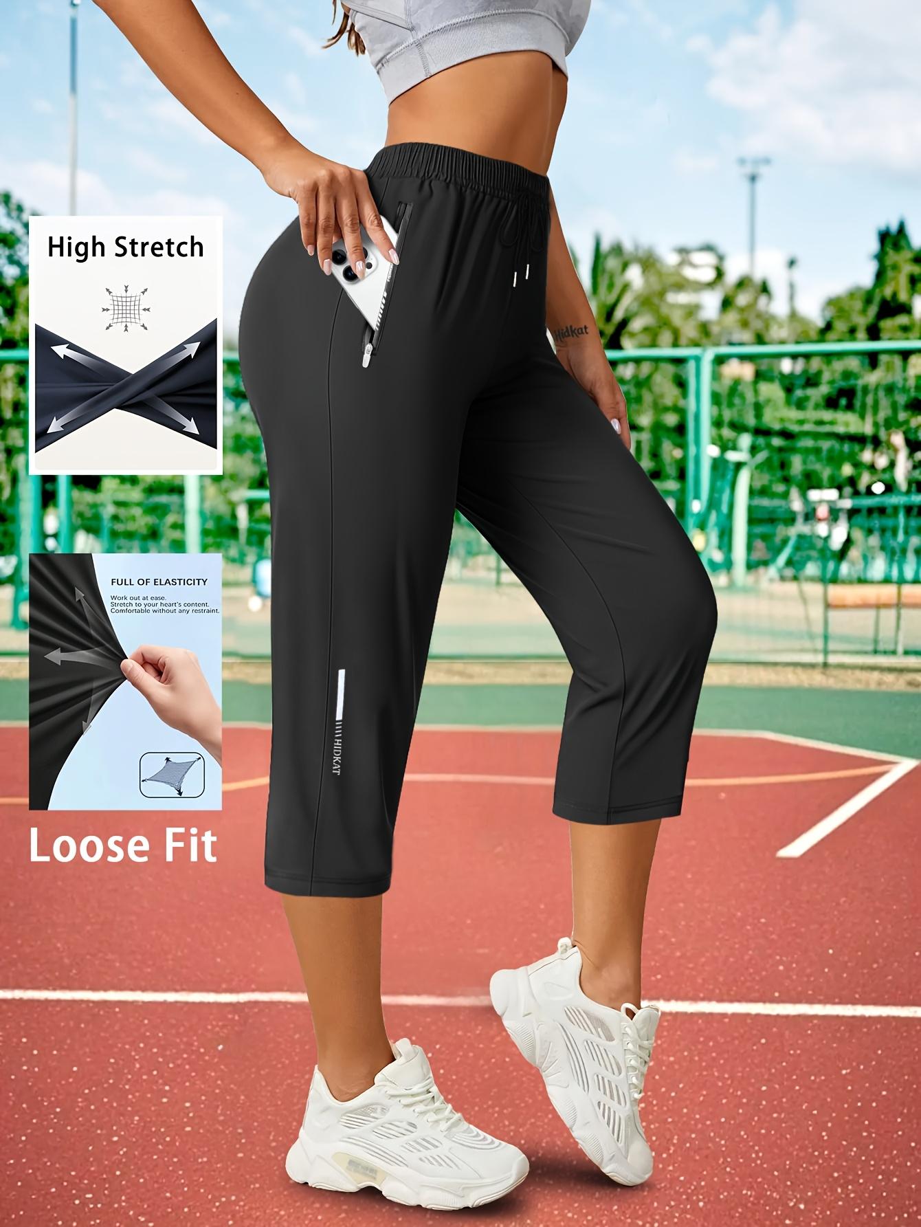 1 piece women’s ice silk breathable high-stretch capri pants with drawstring waist and zippered pockets, comfortable and skin-friendly, suitable for outdoor jogging and gym workouts