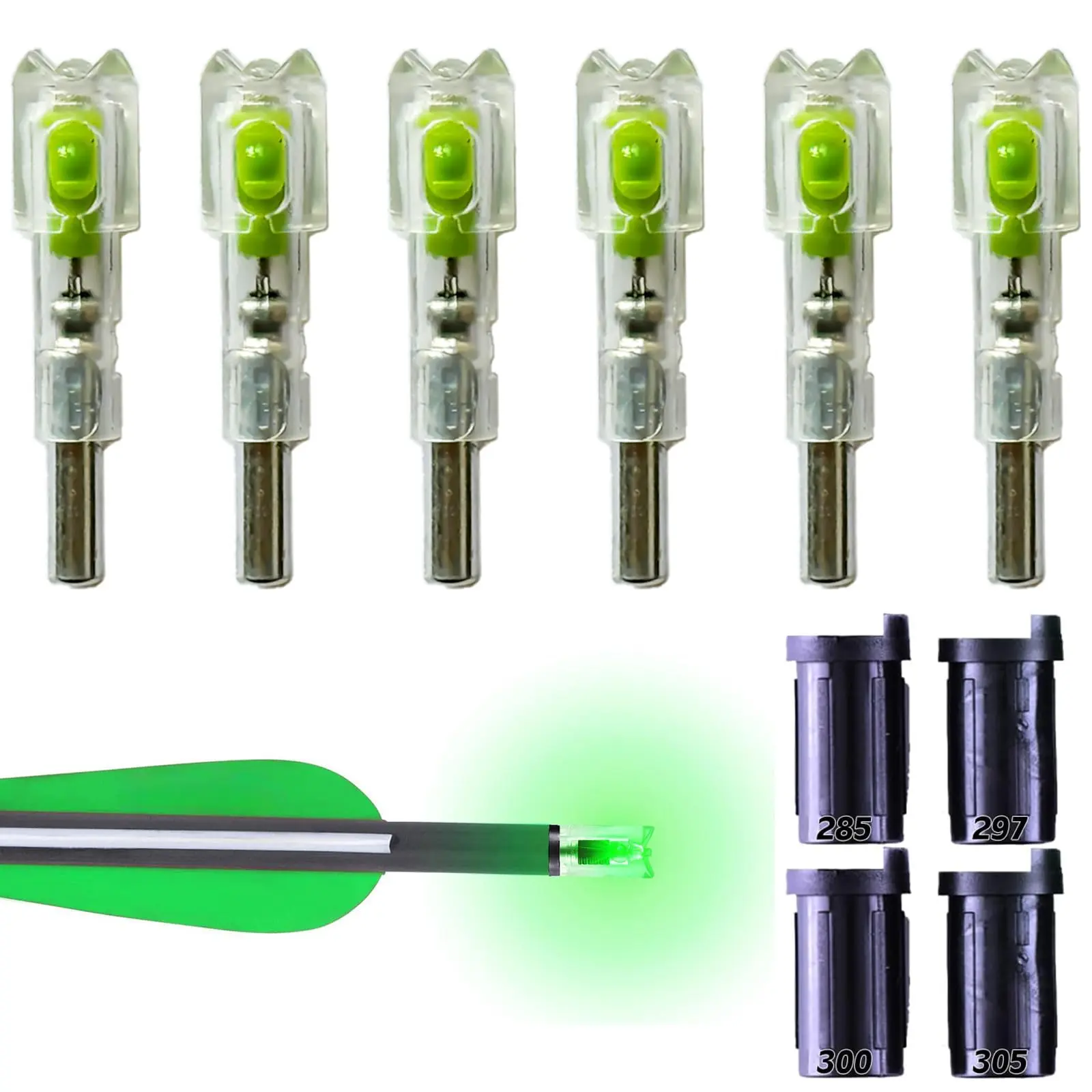 6Pcs Crossbow Bolts Lighted Nocks Lights, with .285”/.297”/.300”/.305” Bushings,High-Visibility LED Arrow Nocks, ON/Off Switch Included | with H, S, GT Bushings