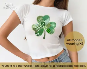 Lucky St. Patricks Day Baby Tee, Faux Patchwork Saint Pattys T-Shirt, Y2K Aesthetic Top, Cute 90s St Paddy Outfits, Lucky Girl Baby Tee