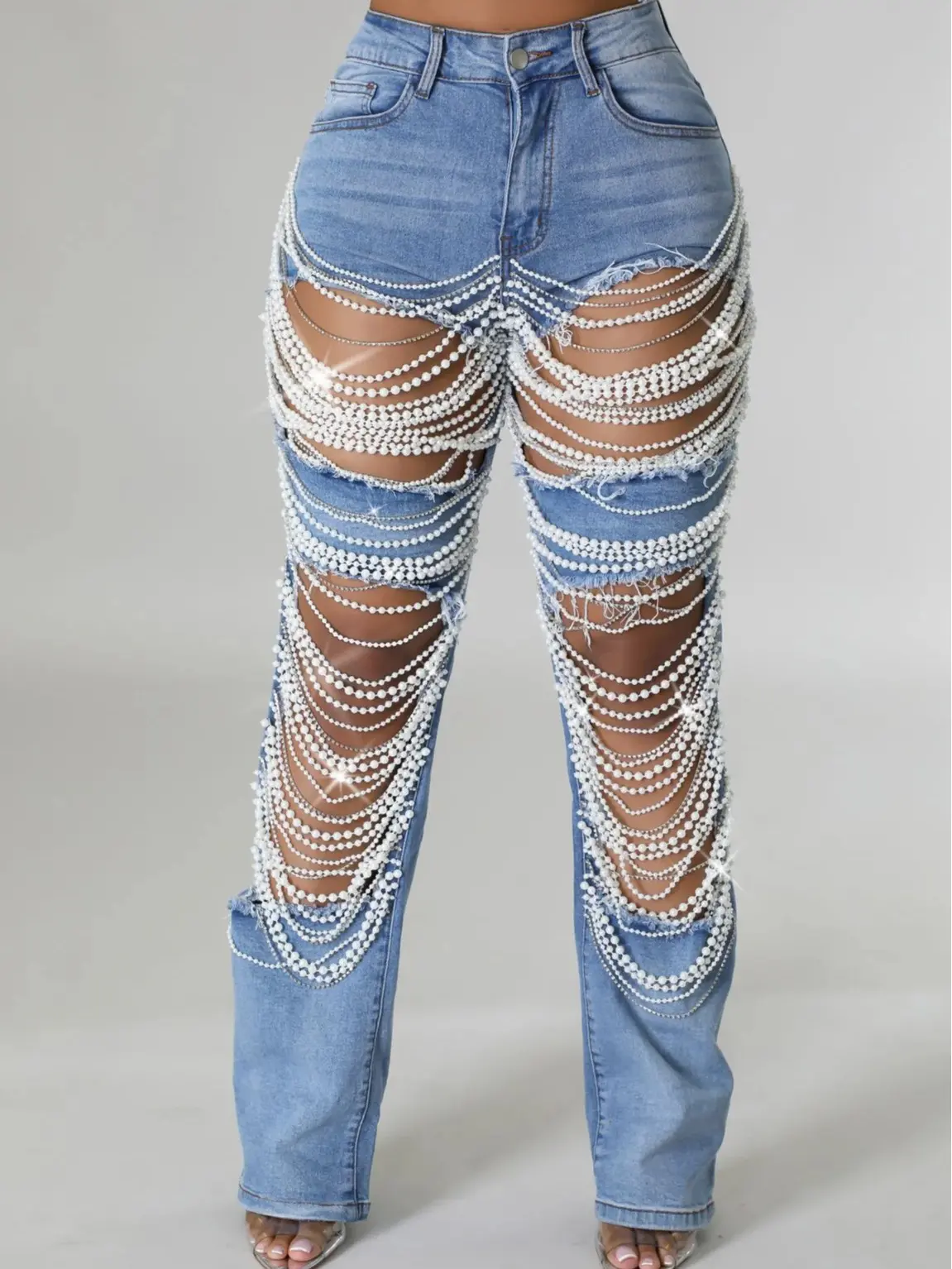 2025 Summer Ripped Beaded & Studded Stretch Jeans for Women – European & American Cross-Border Style
