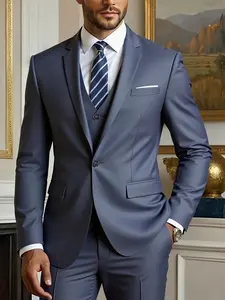 Men's Slim Fit Suit Set, Long Sleeve Button Design, Non-Elastic Fabric, All Season Wear, Elegant Wedding Formalwear