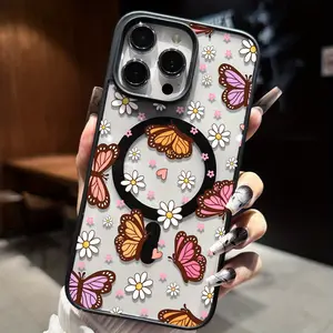 Butterfly dance daisy pattern, anti drop and anti slip support MagSafe charging phone protective case, suitable for iPhone 17 16 15 14 13 12 11 XS X and other series models, can be given as a gift to friends or family