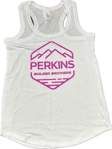 Ladies Racerback Tank Top - White - Perkins Builder Brothers Distressed Pink Logo