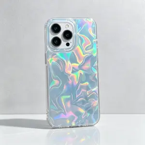 Holographic Iridescent Clear Wavy Ripple Phone Case Shockproof Full Camera Protection Aesthetic Cute Protective Cover For iPhone 13-17 Pro Max outdoorfun