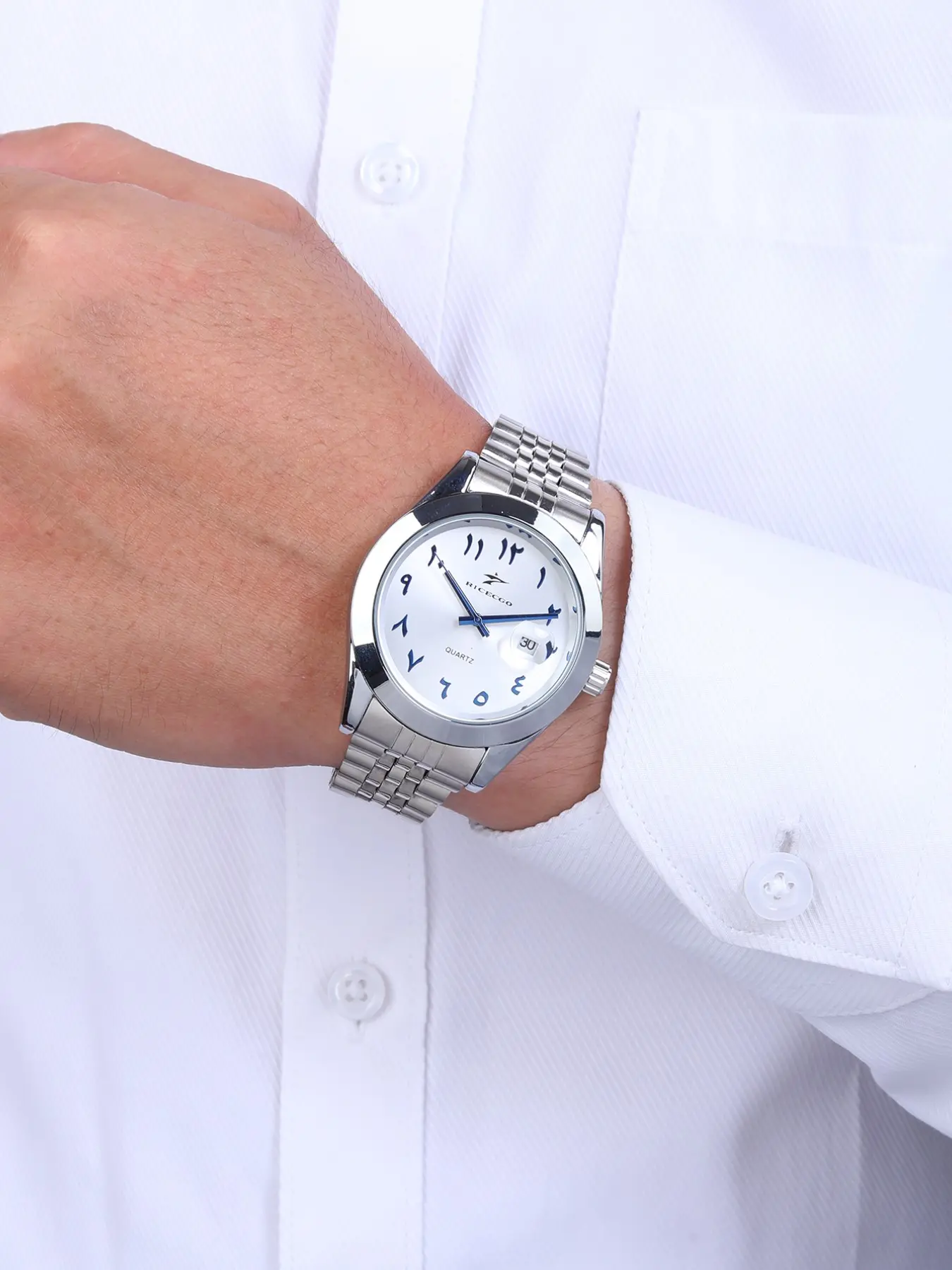 RICECGO Men's Business Quartz Round dial watch Analog watches Fresh sunburst dial + distinctive Arabic numerals Smooth stainless steel bracelet Features date display Elegant style for daily commutes Stainless Steel Wristwatch Business Fashion Watches