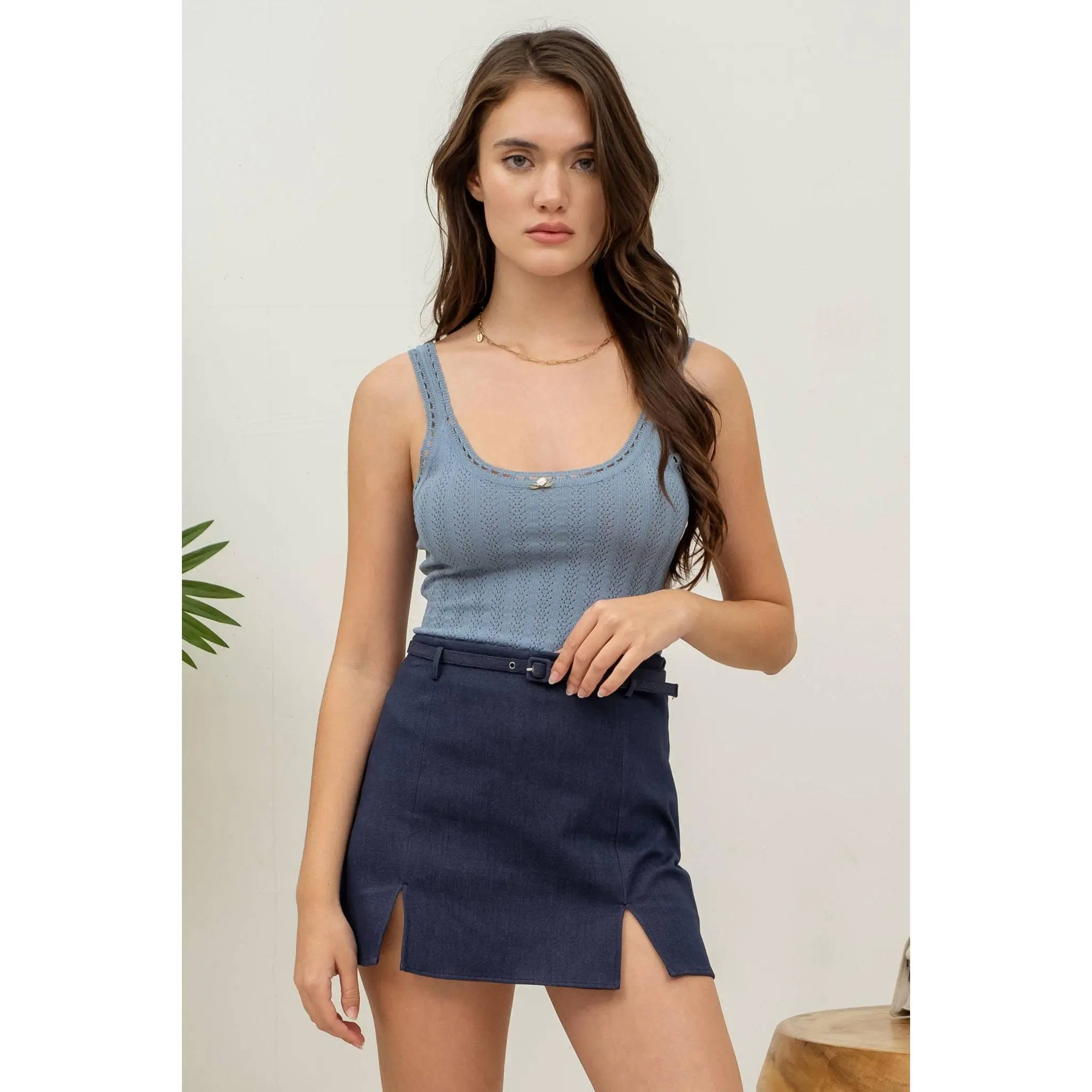 Summer  Pointelle Rosette Knit Tank Top