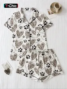 Women's Leopard Heart Print Sleepwear Set, Fitted Short Sleeve Top & Comfortable Shorts, Elegant Ladies' Pajamas for All Seasons