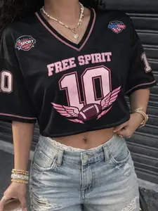 Y2K Free Spirit 10 Rugby Short Sleeve Tee, Colorblock Loose V Neck, Blokecore Streetwear Print Women's T-Shirt