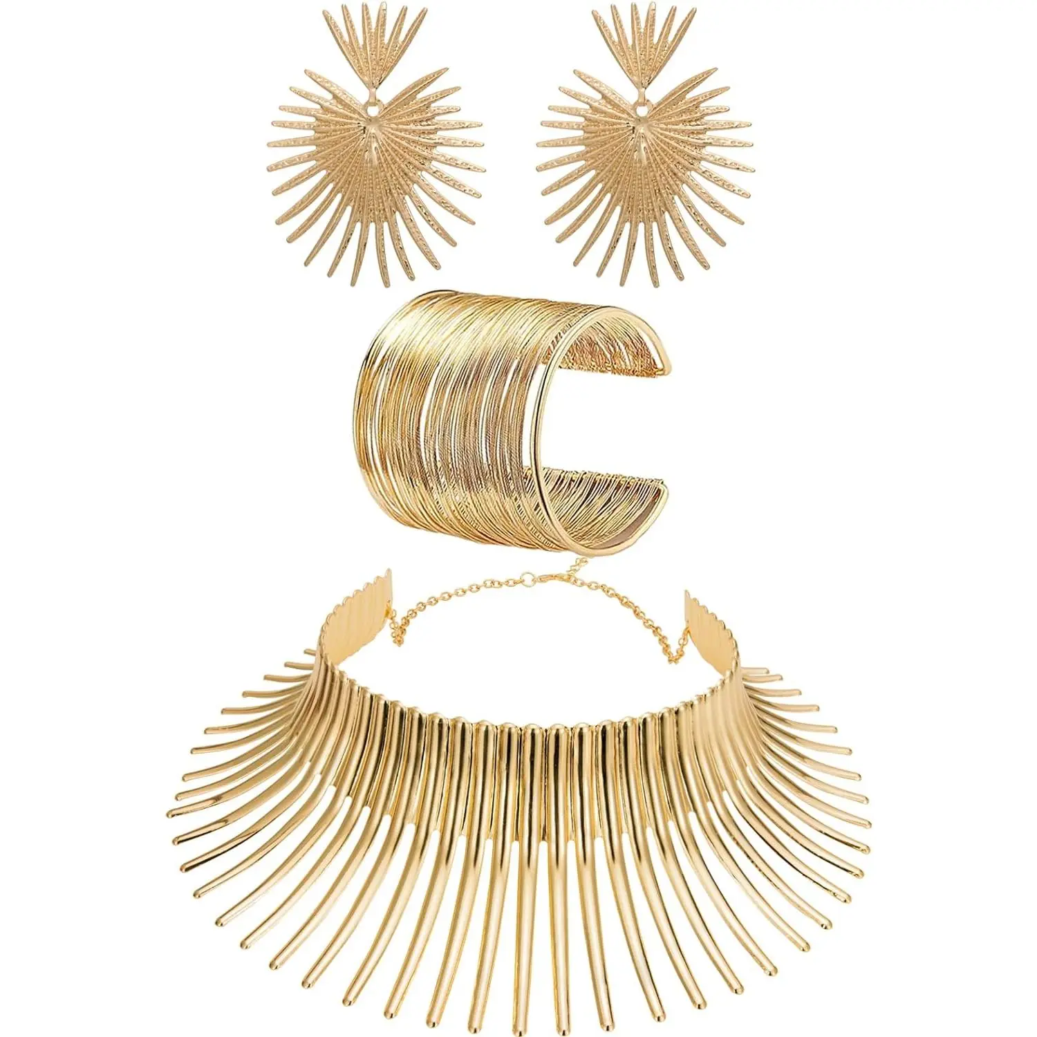 bluelans Female African Tribal Jewelry Set - Gold Alloy Collar Choker Necklace, Tooth-Shaped Statement Earrings, Adjustable Bangle, High-Quality Lightweight Design, Extension Chain, Versatile for Daily/Event Outfits
