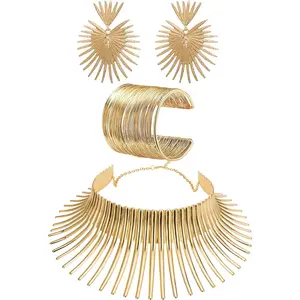 African Collar Choker Necklace Earrings Bangle Set for Women Gold Statement Tooth Shape Tribal African Jewelry High Quality Alloy Lightweight Adjustable Extension Chain Unique Design Match Any Style Clothing