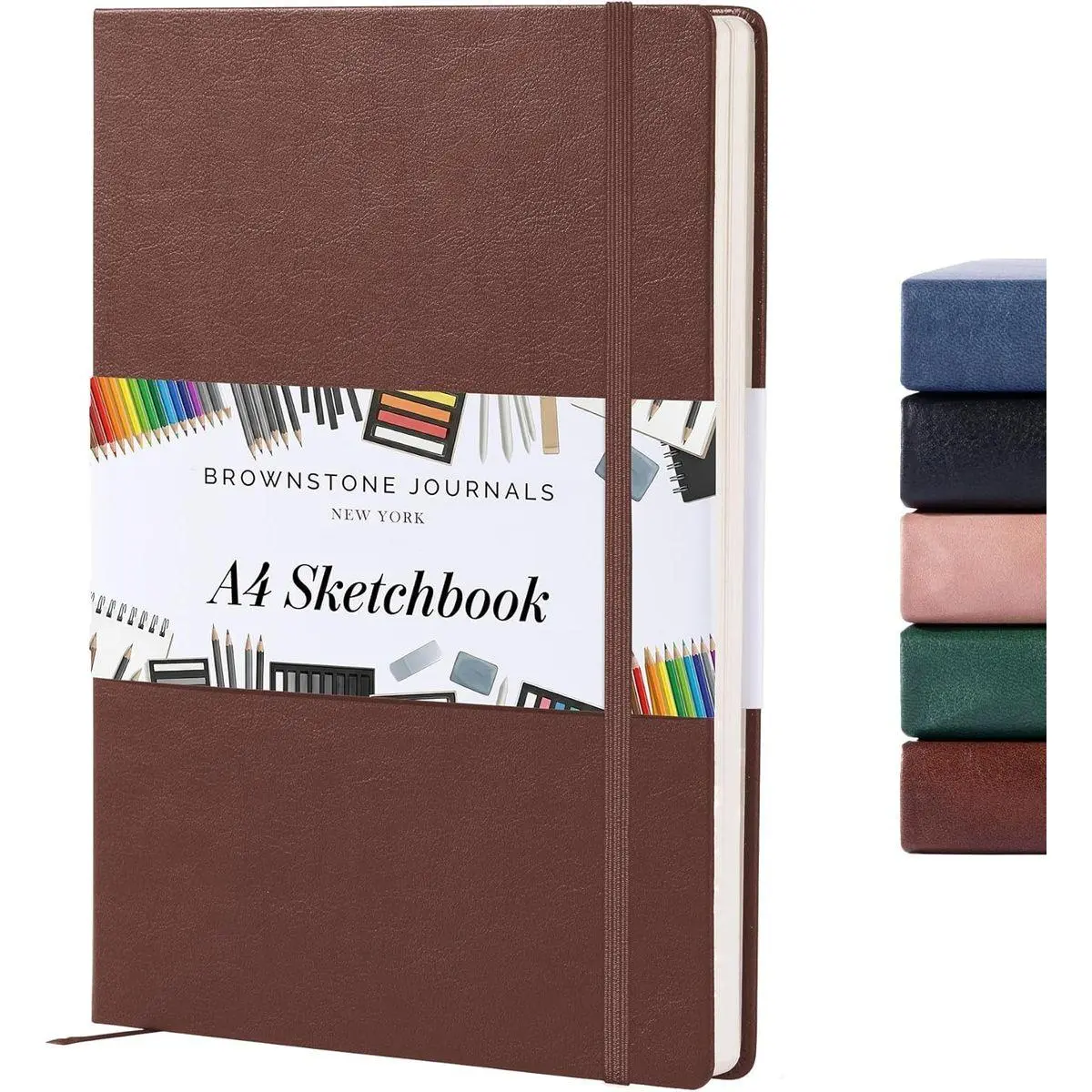 A4 Sketch Book Hardcover - 80 Sheets 100 GSM Paper 8.5"x11.5", Lay Flat, Vegan Leather Cover, Elastic Band, Back Pocket, Art Drawing Book (Chestnut Brown)