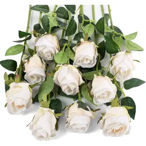 10 count Artificial Rose  Long Stem  Silk Roses for DIY Wedding Bouquet Table Centerpiece  Decor (White)