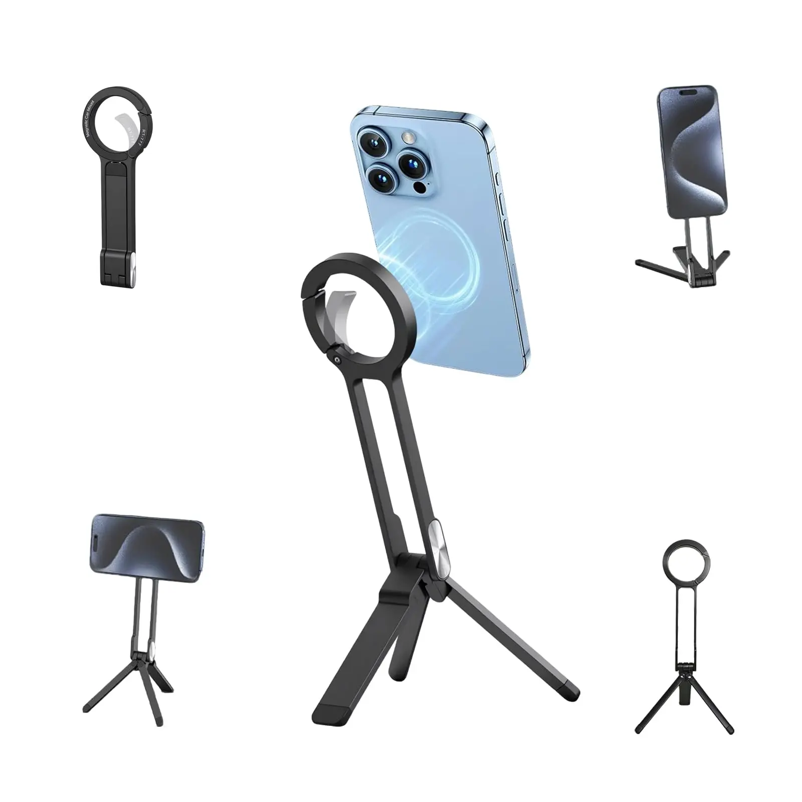 Magnetic Phone Tripod for iPhone - Portable Phone Holder Mini Tripod for Magsafe with Strong Magnetic 1/4" Locating Hole Foldable Hook for iPhone 16 15 14 13 12