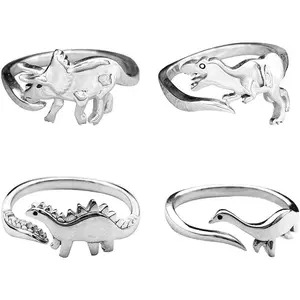 1-6PCS Dinosaur Rings Set Cute Tyrannosaurus Triceratops Adjustable Rings Jurassic Era Dinosaur Ring Knuckle Band Jewelry for Women