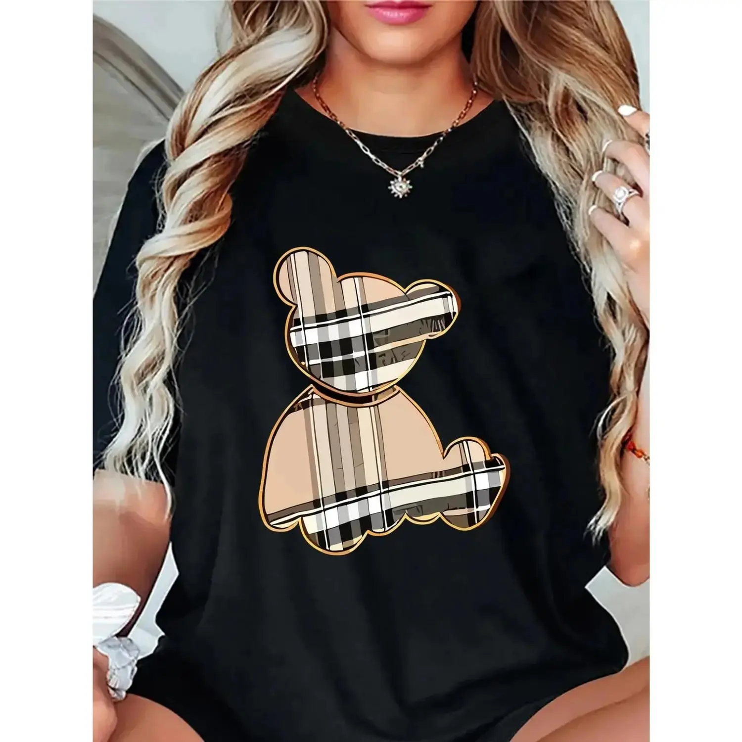 Women's Cartoon Bear Graphic T-Shirt - Sporty Chic Loose Fit Crew Neck Top with Short Sleeves for Summer Daily Wear, Fast Shipping, Shortsleeve, Round Neck, Clothes, Custom Print, Casual, Not Easy To Fade Or Peel Off, Vivid Print, High Attention To Detail