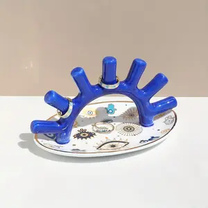Ceramic Jewelry Dish Set Featuring a Ring Holder, Oval Decorative Stand for Rings, Trinket Tray with a Devil'S Eye Design Accented in Blue And Golden, Ideal for Gift Decoration, Organiser