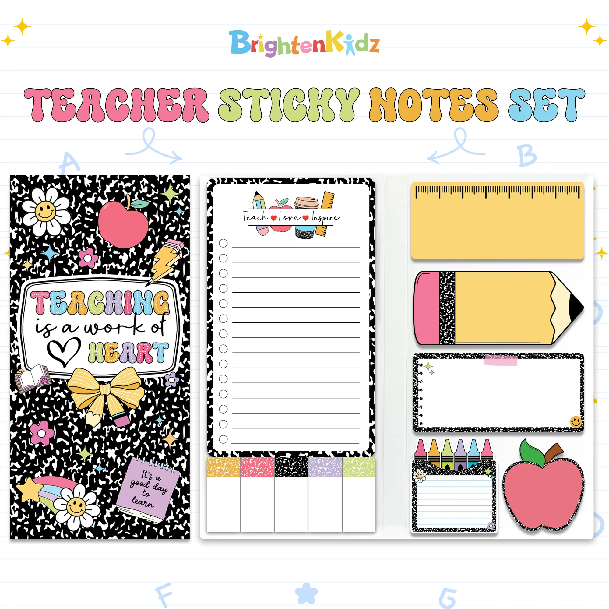 Teacher Sticky Notes Set, "Teaching Is A Work Of Heart" Booklet, 440 Sheets Of Blackboard Self-Stick Note Pads, Teacher Appreciation Gift, Classroom & Office Supplies, 11 Styles, Durable & Easy To Use