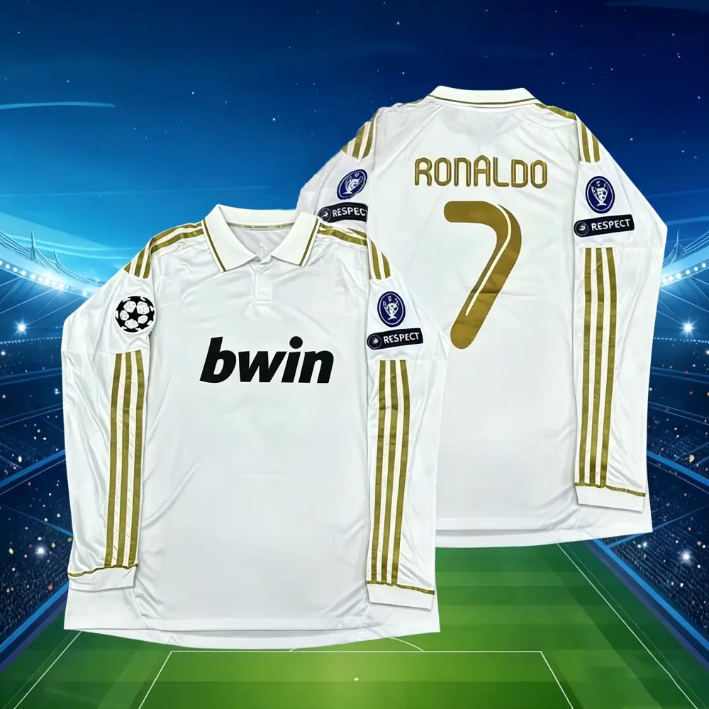 2011/12 Home No. 7 Ronaldo Retro White and Gold Trimmed Long-Sleeved Football Jersey