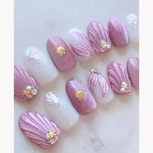 Pink Mermaid SeaShell Press On Nails, Glitter Ocean Inspired Summer Fake Nails with Pearl Rhinestone Nail Art