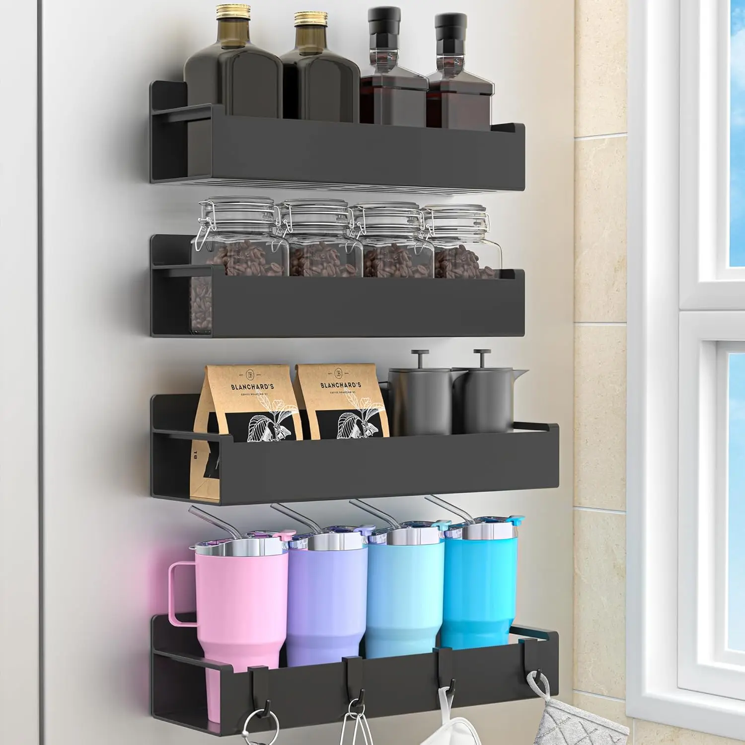 4-Pack Black Magnetic Spice Rack with Movable Hooks for Refrigerator, Magnetic Shelves Storage Seasoning Organizer for Fridge