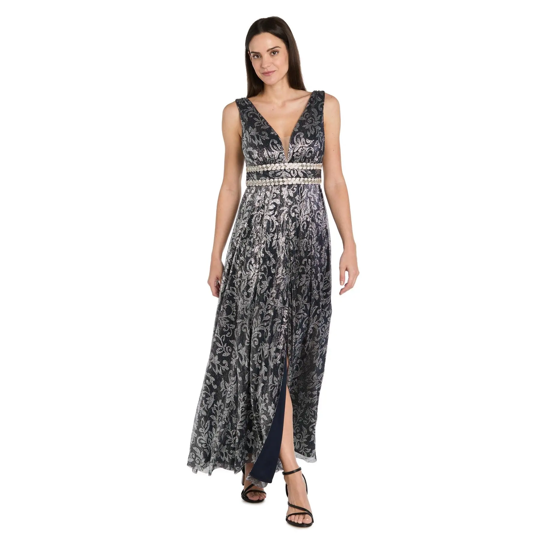 Long Printed Crinkle Jacquard Gown with Beaded Waist