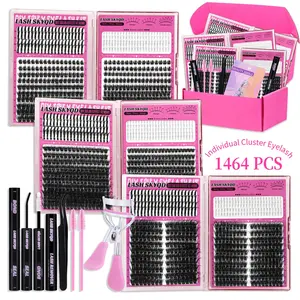 LASH SKYQD Mix Lashes Clusters Kit Gift Packs 1464Pcs With Bond&Seal Remover Tweezers Eyelash Curler Lash Brush,Bottom/Spike/Mega/Cat Lashes 3D Effect False Eyelash DIY Individual Clusters Lash Kit Perfect for Beginners & Proficient, DIY at Home Easily