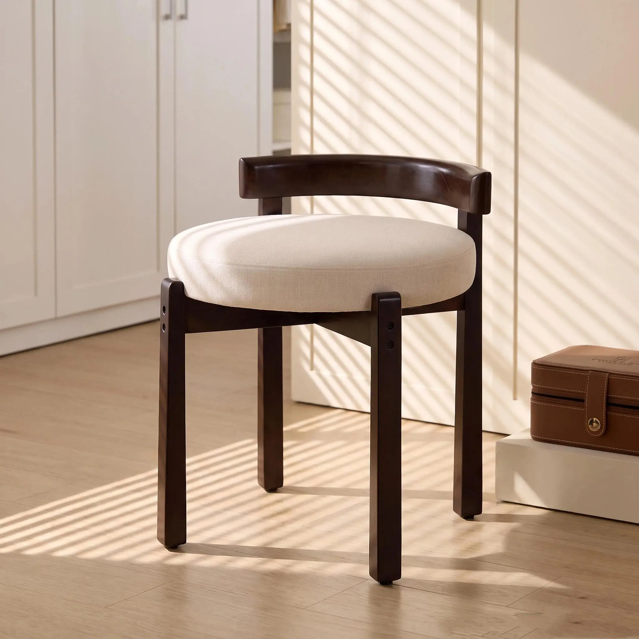 Lessmore Retro Curve Makeup Vanity Stool - Natural Wood Frame, Round Solid Linen Upholstered Breathable Seat, Small Accent Stool for Bedroom Dressing Table - Requires Assembly Upholstered Furniture Comfy Chair