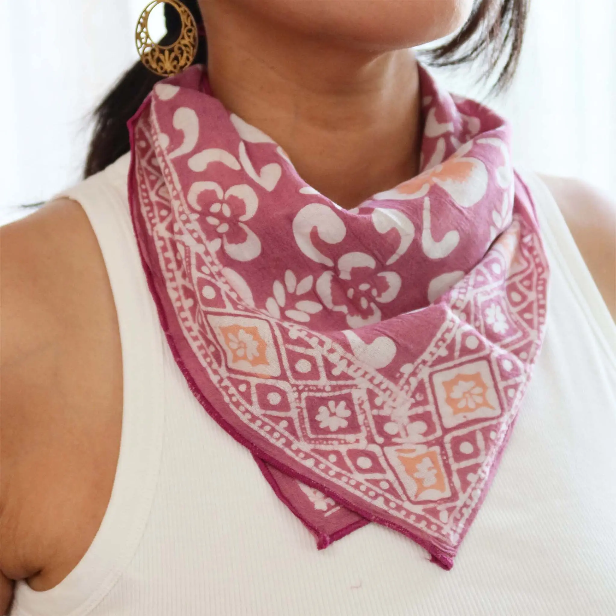 Fair Trade Hand Dyed Batik Bandana, 100% Soft Cotton, Plumeria, Pink Lilac