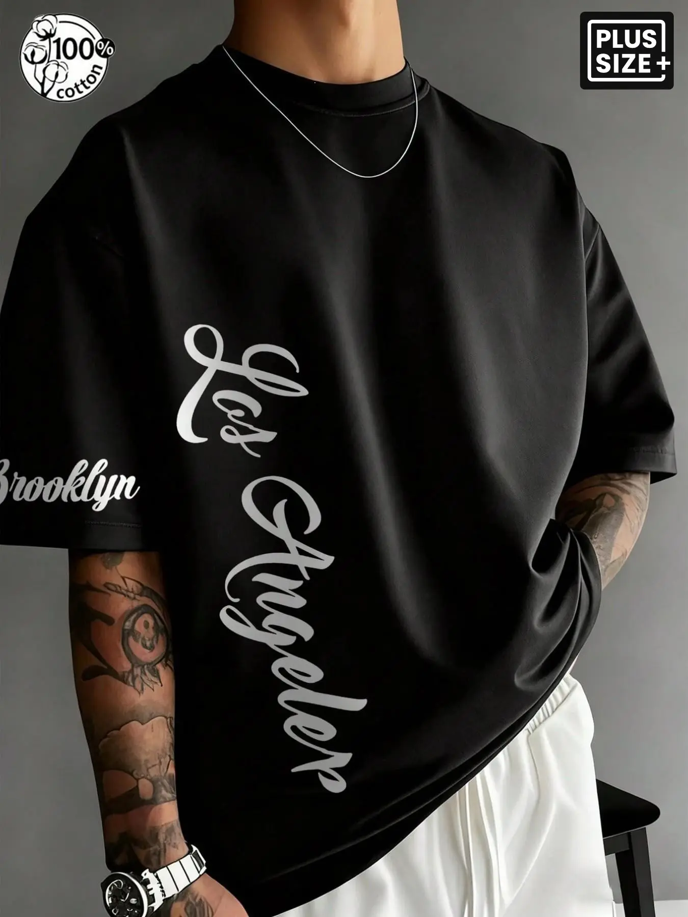 Men's Plus Size 100% Cotton Baggy T-Shirt, Casual Los Angeles Brooklyn Handwritten Print, Loose Fit Round Neck, Streetwear Street Style Short Sleeve Top