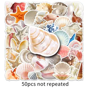 50pcs Cute Seashell Stickers, Waterproof Vinyl Decals, Cartoon Starfish Conch Pearl Stickers, DIY Scrapbook Journal Stickers Pack