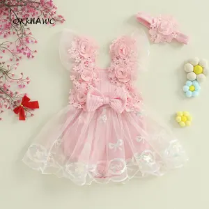 Baby Girls Rompers Dress Flower Embroidery Sequins Bow Tulle Skirt Hem Jumpsuits Summer Bodysuits with Headband