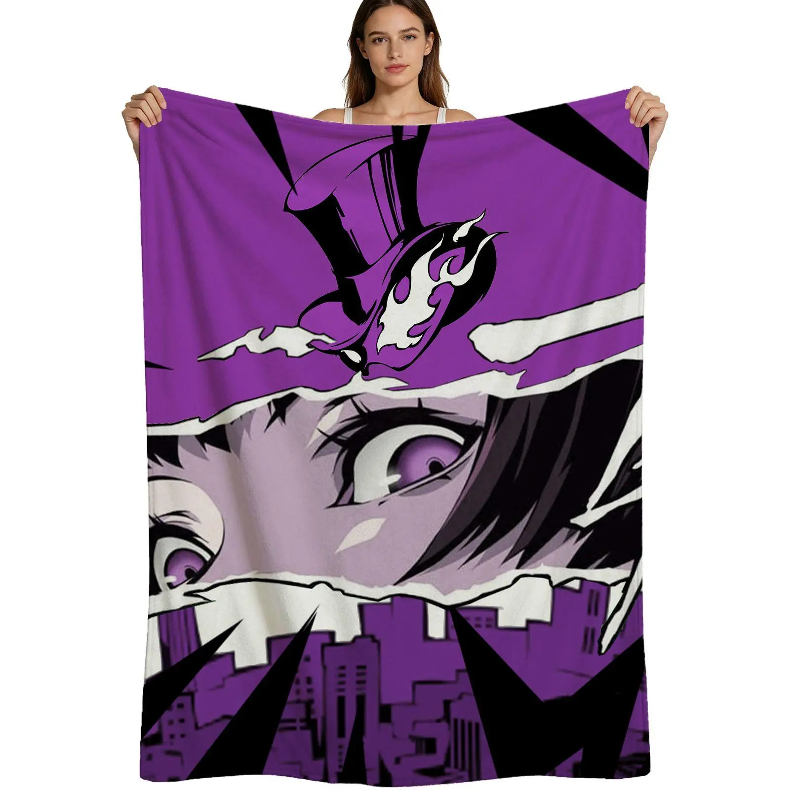 Anime Style, Warm Flannel Blanket, Purple Top Hat Girl With Cityscape Design, Soft Printed Fabric Detail, For Fans And Bedroom Decor, 4 Sizes Available Single Pack