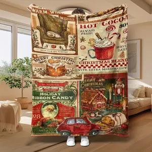 1pc Retro Christmas Themed Flannel Blanket, Cozy and Joyful Hot Cocoa, Gingerbread House, Santa Claus, Nutcracker Soldier Design Background Elements, Comfortable Soft Multifunctional Machine Wash/Hand Wash Friendly for Home Decor, Bed, Sofa & Ho 665