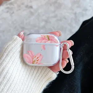 Minimalist Retro Lily Pattern TPU Soft Protective Case for Apple AirPods 4/3/2/1/Pro/Pro2 Transparent Earphone Cover with Keychain Attachment