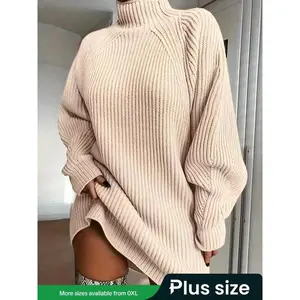 Plus Size Women's Loose High Neck Dress, Spring & Fall Solid Color Pullover Knitwear, Comfortable Stretchy Fabric, Casual & Commuting Wear