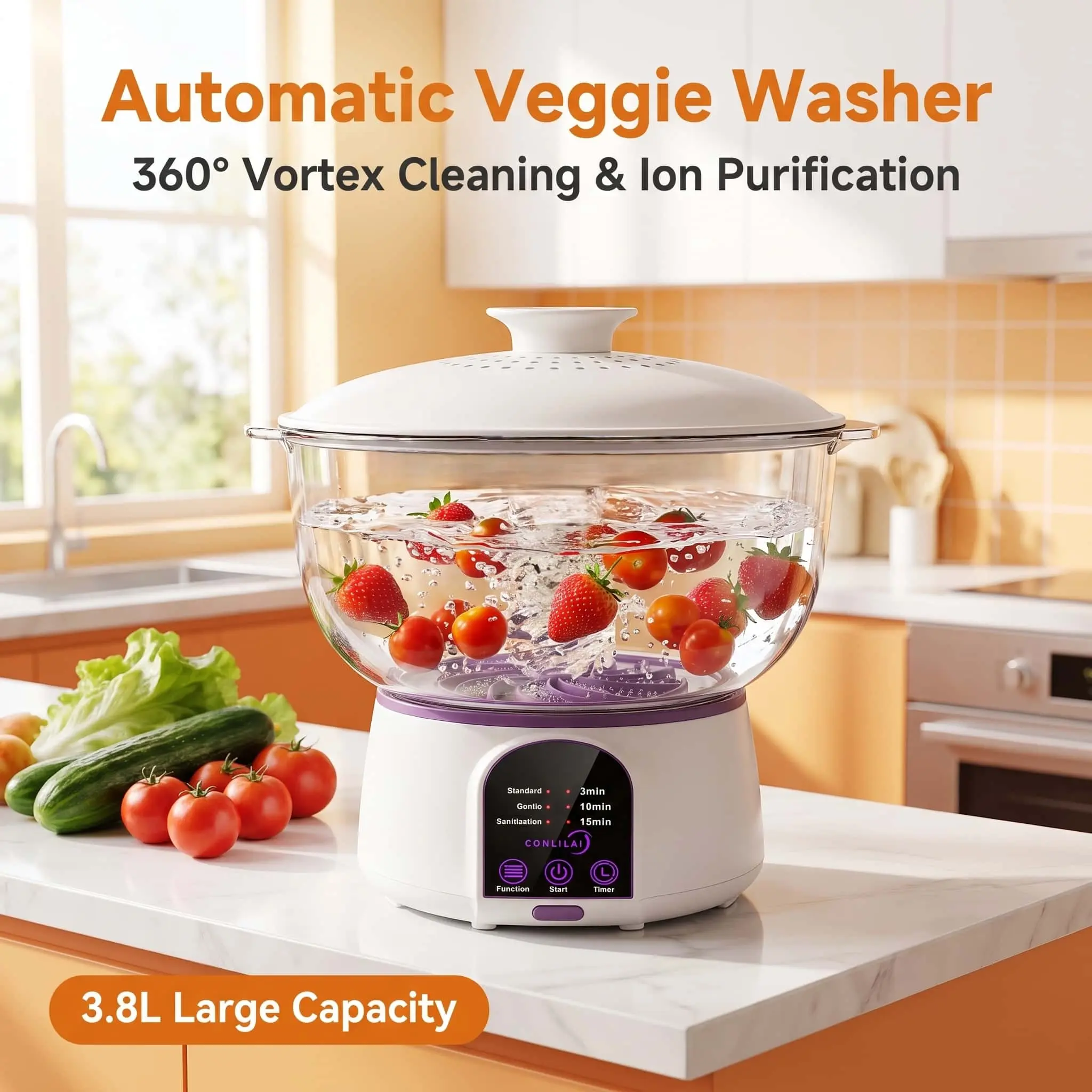 Conlilai 3.8L Large Capacity Fruit & Vegetable Cleaner, Cordless Food Purifier Removes Pesticide Residues for Fruits, Vegetables, Meat, Seafood, and Rice