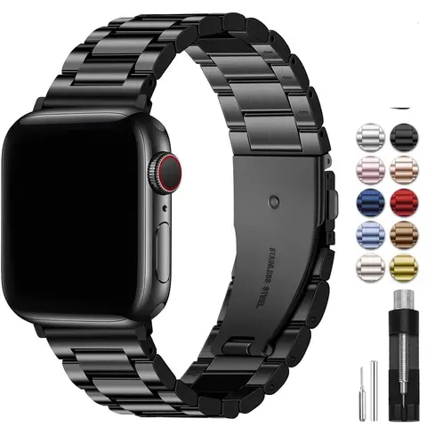 Metallic Steel Smartwatch Replacement Straps - Adjustable Links, Double Button Insurance, Multi-Fit Aftermarket Solid Metal Straps for 38mm-49mm/42Mm 44Mm 45Mm iWatch Series 1-10/SE/Ultra, Smartwatch Kit Accessory R2042