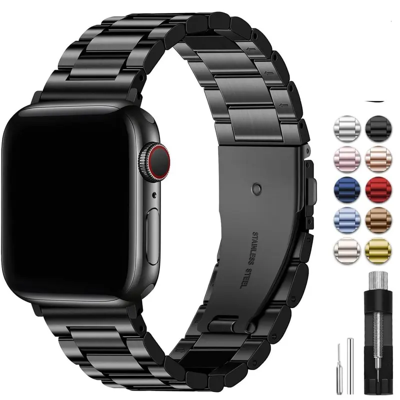 Metallic Steel Smartwatch Replacement Straps - Adjustable Links, Double Button Insurance, Multi-Fit Aftermarket Solid Metal Straps for 38mm-49mm/42Mm 44Mm 45Mm iWatch Series 1-10/SE/Ultra, Smartwatch Kit Accessory R2042