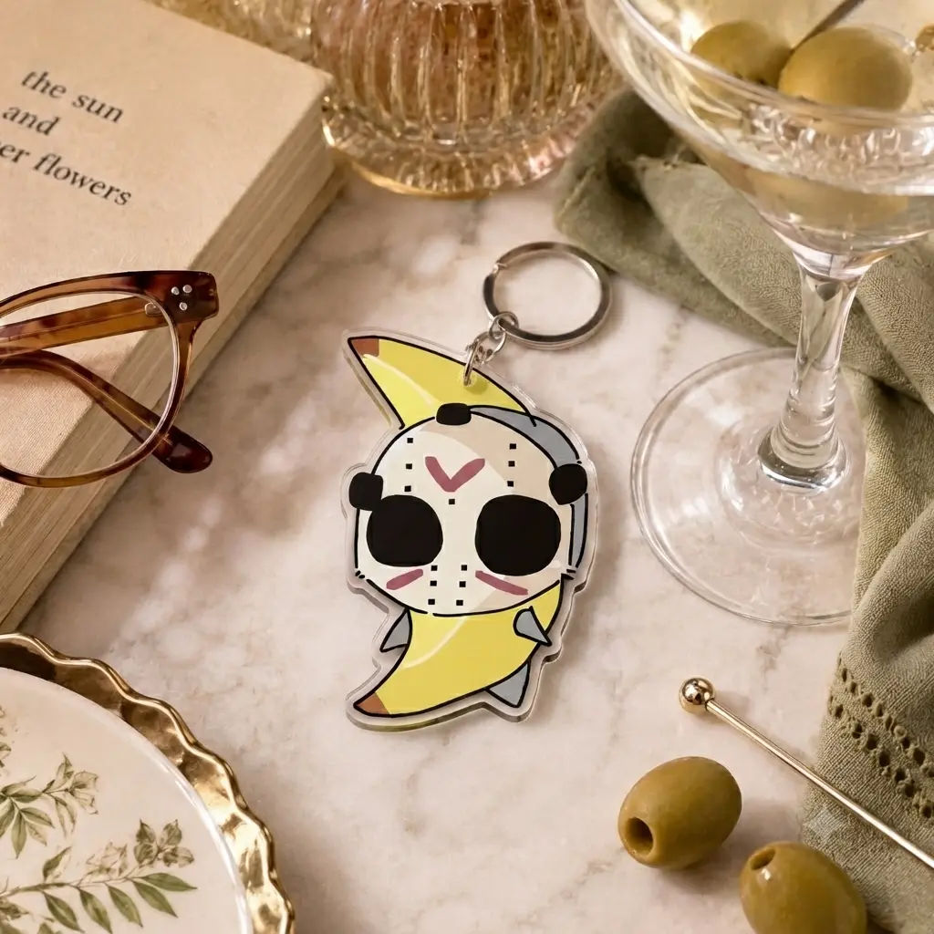 Kawaii Banana Hockey Mask Acrylic Keychain Cute Cartoon Fruit Pendant Clear Bag Charm Aesthetic Accessories