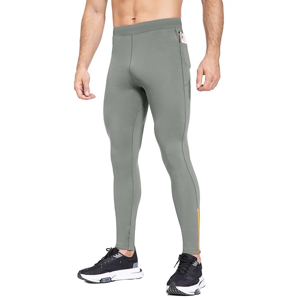 Baleaf Men's Fleece Thermal Elastic Waist Skinny Sports Soft Leggings, Water-Resistant Running Tights, Cycling Pants with Zipper Leg Pockets for Cold Winter Bikers, Elastic Waist Leggings