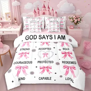 Cute Pink Bow 7 Pieces Bedding for Girls Girly Preppy Aesthetic Comforter Set with Sheets,Fashion Inspirational Quotes Duvet Quilt Set