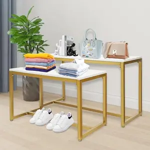 2Pcs Metal Shoe Handbag Display Stand Free Standing Nesting Tables 2 Piece Set Display Riser Shelf for Retail Stores Clothing Shops Home, Steel Pipe and Melamine Board, Gold Organiser Racks White