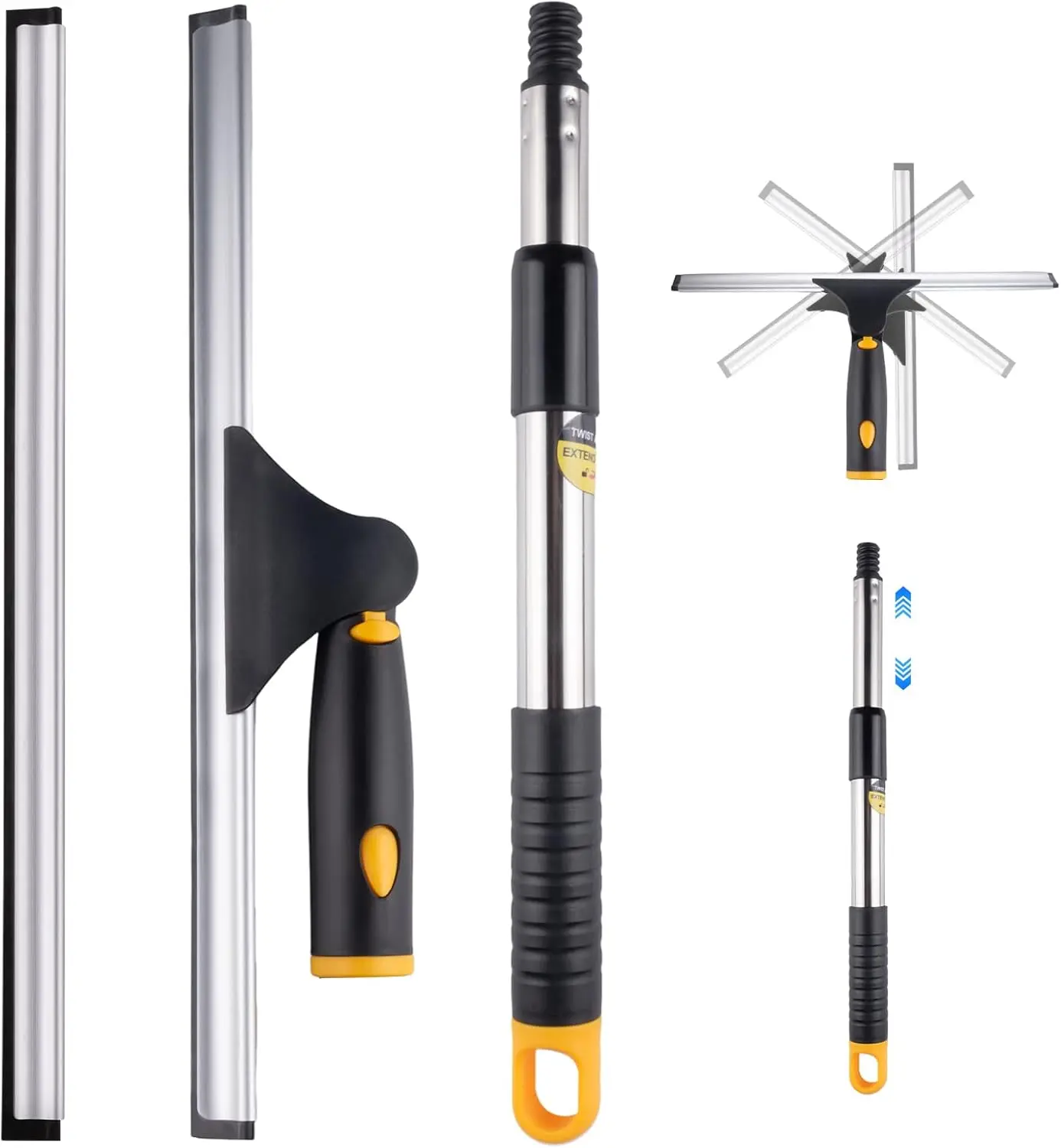 Window Squeegee Cleaner with Extendable Stainless Steel Pole, 14-Inch Shower Glass Door Squeegee with 2 Blades for Windows, Mirrors, Bathroom & Car Windshields tools cleaning deep soft wash kit smooth