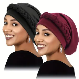 Women's 2pcs-Set Braided Turban Hats - Classic Solid Color, Elastic, Breathable Material Beanies, Ramadan Headscarf